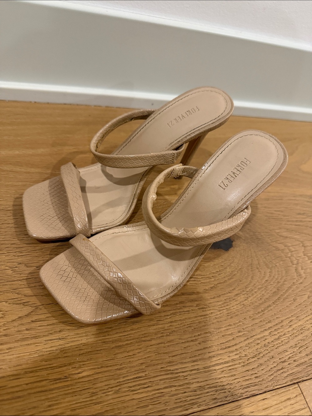 Forever 21 Beige Strappy Square-Toe Mid-Heel Sandals